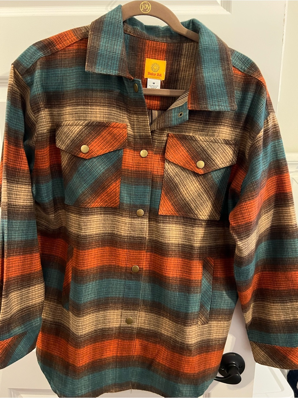 Ruby Rd. Teal and Rust Plaid Button-Front Women’s Shirt Jacket